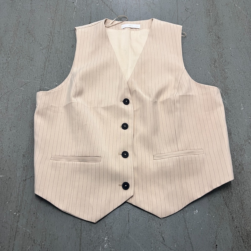 Mango Suit Waistcoat Women 2XL Beige Pinstripe Button Front Crop Business Office